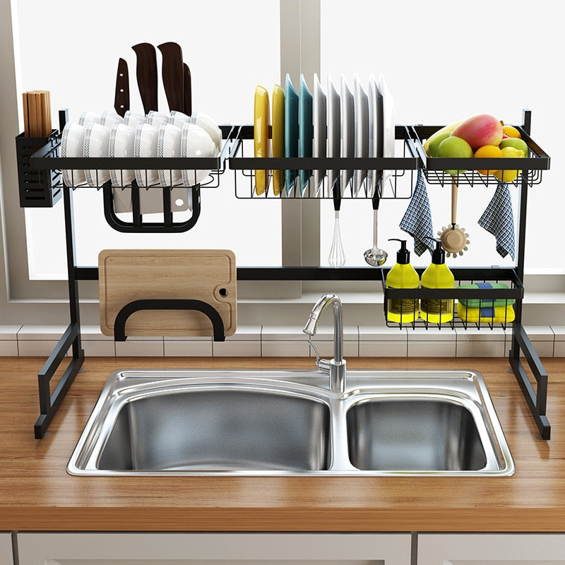 Black 65/85cm Stainless Steel Kitchen Dish Rack U Shape Sink Drain