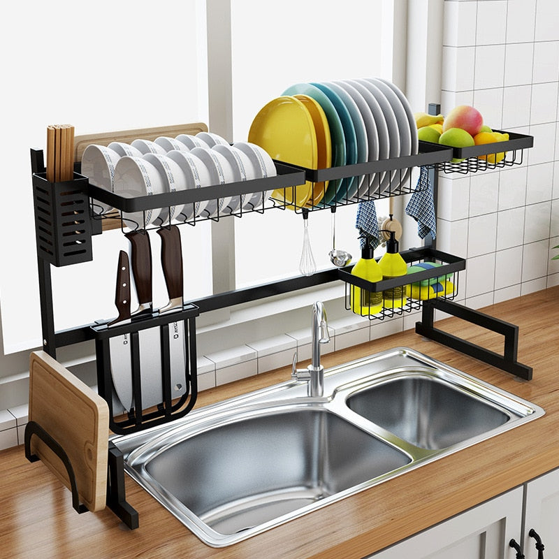 Black 65/85cm Stainless Steel Kitchen Dish Rack U Shape Sink Drain